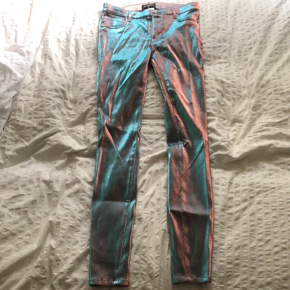 Chanel iridescent blue & pink skinny leggings